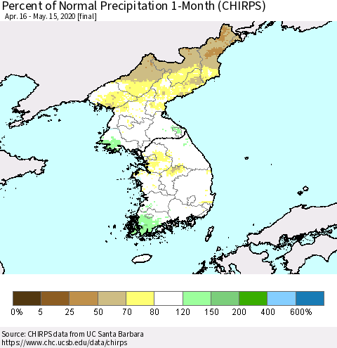 Korea Percent of Normal Precipitation 1-Month (CHIRPS) Thematic Map For 4/16/2020 - 5/15/2020