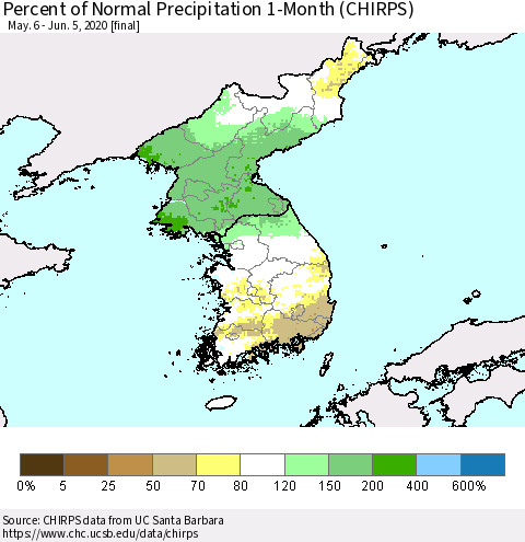 Korea Percent of Normal Precipitation 1-Month (CHIRPS) Thematic Map For 5/6/2020 - 6/5/2020