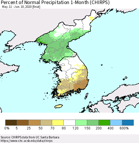 Korea Percent of Normal Precipitation 1-Month (CHIRPS) Thematic Map For 5/11/2020 - 6/10/2020