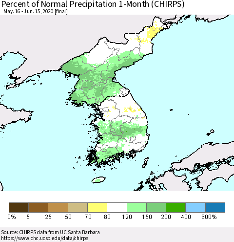Korea Percent of Normal Precipitation 1-Month (CHIRPS) Thematic Map For 5/16/2020 - 6/15/2020