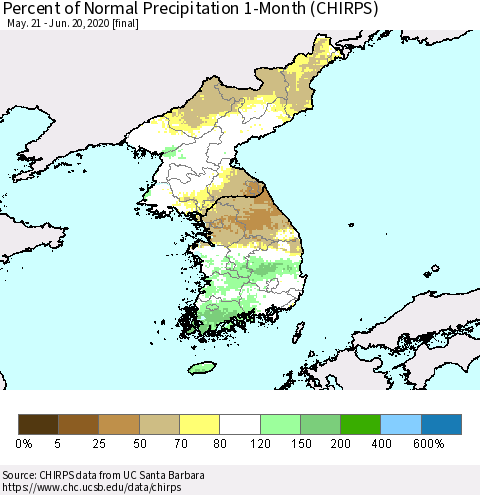 Korea Percent of Normal Precipitation 1-Month (CHIRPS) Thematic Map For 5/21/2020 - 6/20/2020