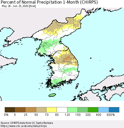 Korea Percent of Normal Precipitation 1-Month (CHIRPS) Thematic Map For 5/26/2020 - 6/25/2020