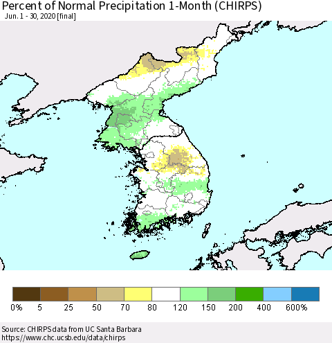 Korea Percent of Normal Precipitation 1-Month (CHIRPS) Thematic Map For 6/1/2020 - 6/30/2020