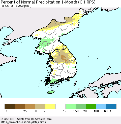 Korea Percent of Normal Precipitation 1-Month (CHIRPS) Thematic Map For 6/6/2020 - 7/5/2020