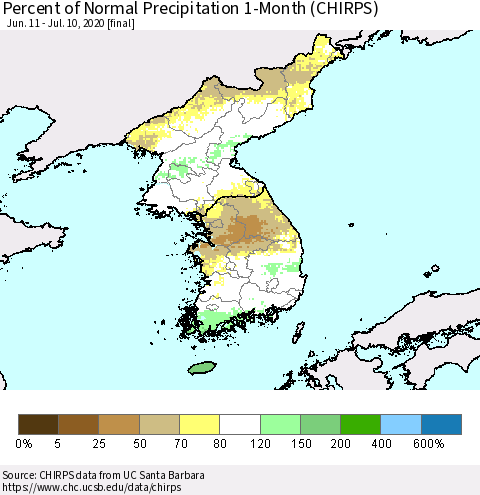 Korea Percent of Normal Precipitation 1-Month (CHIRPS) Thematic Map For 6/11/2020 - 7/10/2020