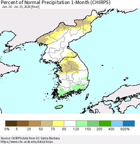 Korea Percent of Normal Precipitation 1-Month (CHIRPS) Thematic Map For 6/16/2020 - 7/15/2020