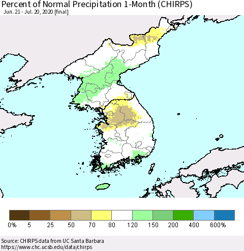 Korea Percent of Normal Precipitation 1-Month (CHIRPS) Thematic Map For 6/21/2020 - 7/20/2020