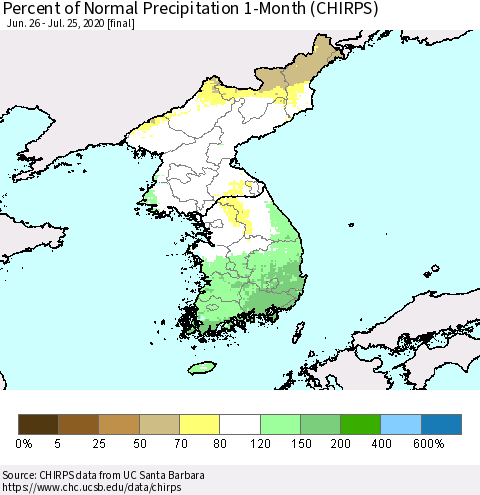 Korea Percent of Normal Precipitation 1-Month (CHIRPS) Thematic Map For 6/26/2020 - 7/25/2020