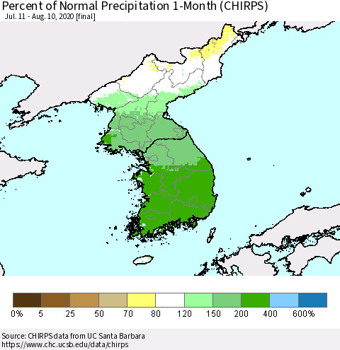 Korea Percent of Normal Precipitation 1-Month (CHIRPS) Thematic Map For 7/11/2020 - 8/10/2020