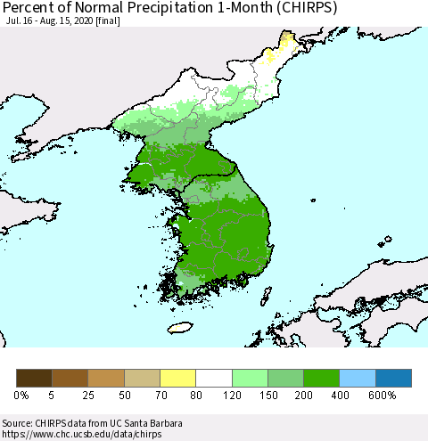 Korea Percent of Normal Precipitation 1-Month (CHIRPS) Thematic Map For 7/16/2020 - 8/15/2020