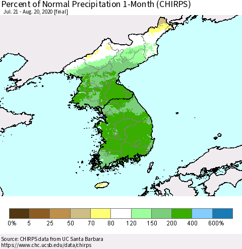 Korea Percent of Normal Precipitation 1-Month (CHIRPS) Thematic Map For 7/21/2020 - 8/20/2020