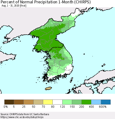 Korea Percent of Normal Precipitation 1-Month (CHIRPS) Thematic Map For 8/1/2020 - 8/31/2020