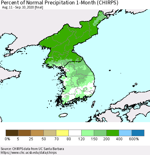 Korea Percent of Normal Precipitation 1-Month (CHIRPS) Thematic Map For 8/11/2020 - 9/10/2020