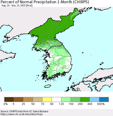 Korea Percent of Normal Precipitation 1-Month (CHIRPS) Thematic Map For 8/16/2020 - 9/15/2020
