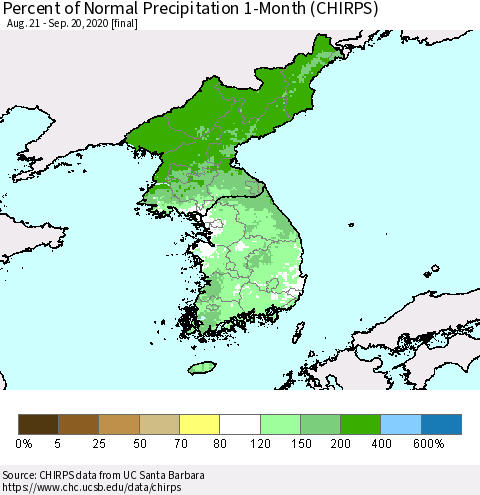 Korea Percent of Normal Precipitation 1-Month (CHIRPS) Thematic Map For 8/21/2020 - 9/20/2020