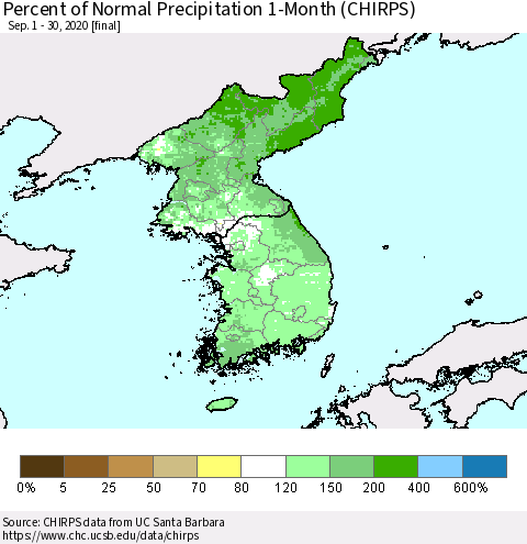 Korea Percent of Normal Precipitation 1-Month (CHIRPS) Thematic Map For 9/1/2020 - 9/30/2020