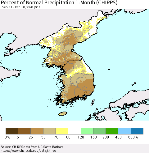 Korea Percent of Normal Precipitation 1-Month (CHIRPS) Thematic Map For 9/11/2020 - 10/10/2020