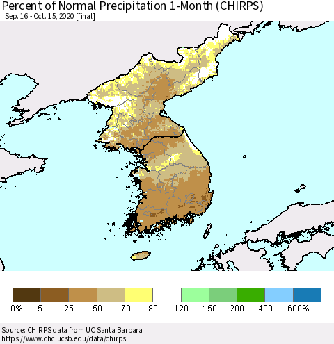 Korea Percent of Normal Precipitation 1-Month (CHIRPS) Thematic Map For 9/16/2020 - 10/15/2020
