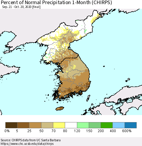 Korea Percent of Normal Precipitation 1-Month (CHIRPS) Thematic Map For 9/21/2020 - 10/20/2020