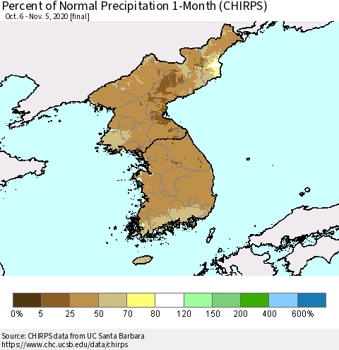 Korea Percent of Normal Precipitation 1-Month (CHIRPS) Thematic Map For 10/6/2020 - 11/5/2020