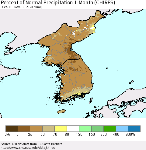 Korea Percent of Normal Precipitation 1-Month (CHIRPS) Thematic Map For 10/11/2020 - 11/10/2020