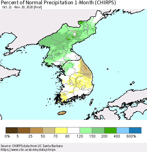 Korea Percent of Normal Precipitation 1-Month (CHIRPS) Thematic Map For 10/21/2020 - 11/20/2020