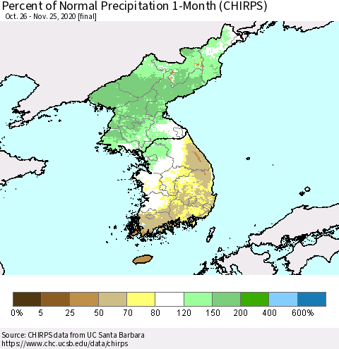 Korea Percent of Normal Precipitation 1-Month (CHIRPS) Thematic Map For 10/26/2020 - 11/25/2020