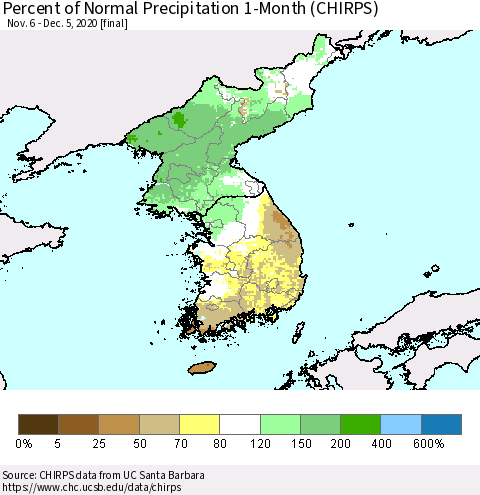 Korea Percent of Normal Precipitation 1-Month (CHIRPS) Thematic Map For 11/6/2020 - 12/5/2020