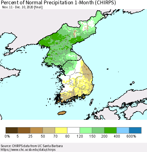 Korea Percent of Normal Precipitation 1-Month (CHIRPS) Thematic Map For 11/11/2020 - 12/10/2020
