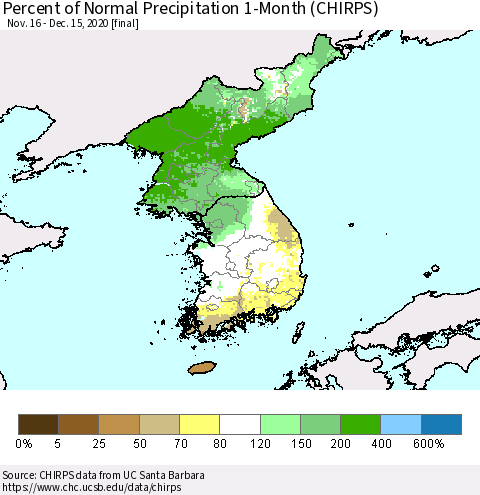Korea Percent of Normal Precipitation 1-Month (CHIRPS) Thematic Map For 11/16/2020 - 12/15/2020