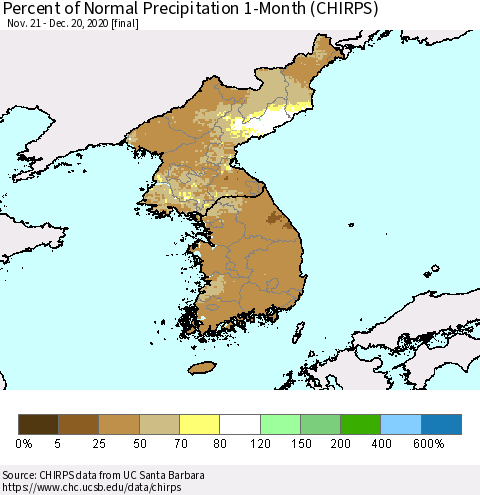 Korea Percent of Normal Precipitation 1-Month (CHIRPS) Thematic Map For 11/21/2020 - 12/20/2020