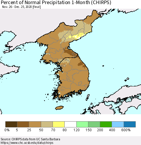 Korea Percent of Normal Precipitation 1-Month (CHIRPS) Thematic Map For 11/26/2020 - 12/25/2020