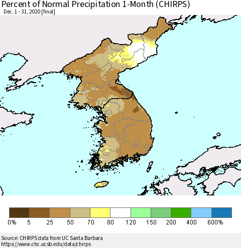 Korea Percent of Normal Precipitation 1-Month (CHIRPS) Thematic Map For 12/1/2020 - 12/31/2020