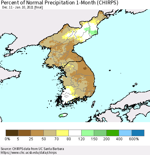 Korea Percent of Normal Precipitation 1-Month (CHIRPS) Thematic Map For 12/11/2020 - 1/10/2021