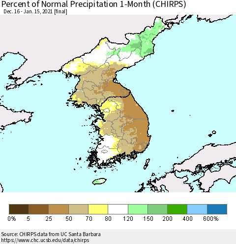 Korea Percent of Normal Precipitation 1-Month (CHIRPS) Thematic Map For 12/16/2020 - 1/15/2021