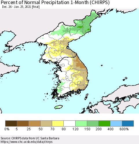 Korea Percent of Normal Precipitation 1-Month (CHIRPS) Thematic Map For 12/26/2020 - 1/25/2021