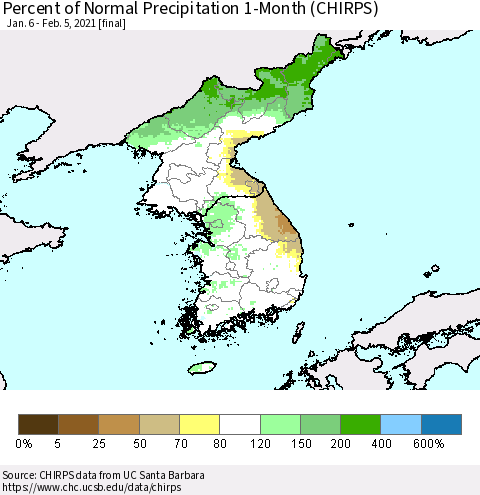 Korea Percent of Normal Precipitation 1-Month (CHIRPS) Thematic Map For 1/6/2021 - 2/5/2021