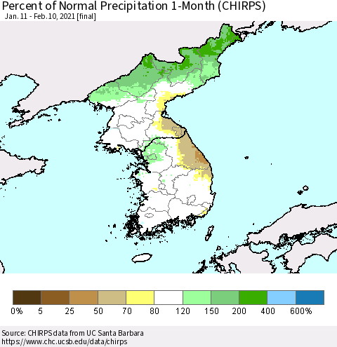 Korea Percent of Normal Precipitation 1-Month (CHIRPS) Thematic Map For 1/11/2021 - 2/10/2021