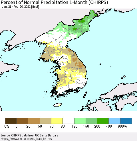 Korea Percent of Normal Precipitation 1-Month (CHIRPS) Thematic Map For 1/21/2021 - 2/20/2021