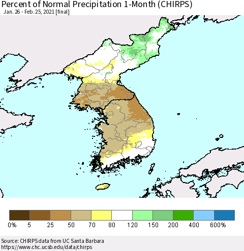 Korea Percent of Normal Precipitation 1-Month (CHIRPS) Thematic Map For 1/26/2021 - 2/25/2021