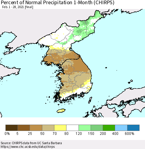 Korea Percent of Normal Precipitation 1-Month (CHIRPS) Thematic Map For 2/1/2021 - 2/28/2021