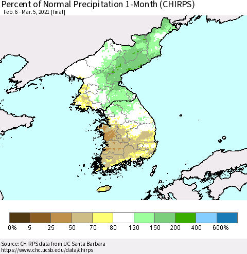 Korea Percent of Normal Precipitation 1-Month (CHIRPS) Thematic Map For 2/6/2021 - 3/5/2021