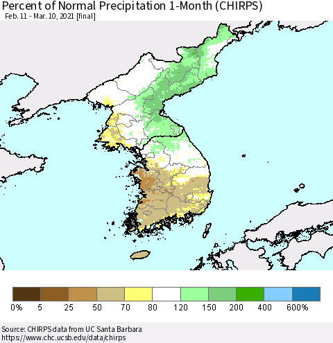 Korea Percent of Normal Precipitation 1-Month (CHIRPS) Thematic Map For 2/11/2021 - 3/10/2021