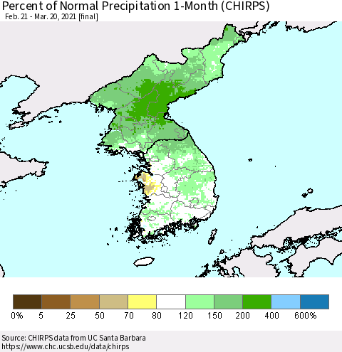 Korea Percent of Normal Precipitation 1-Month (CHIRPS) Thematic Map For 2/21/2021 - 3/20/2021