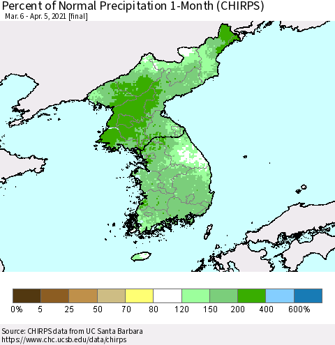 Korea Percent of Normal Precipitation 1-Month (CHIRPS) Thematic Map For 3/6/2021 - 4/5/2021