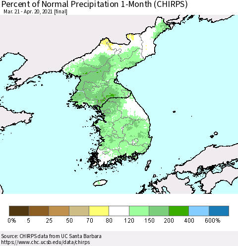Korea Percent of Normal Precipitation 1-Month (CHIRPS) Thematic Map For 3/21/2021 - 4/20/2021