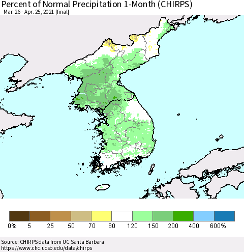 Korea Percent of Normal Precipitation 1-Month (CHIRPS) Thematic Map For 3/26/2021 - 4/25/2021