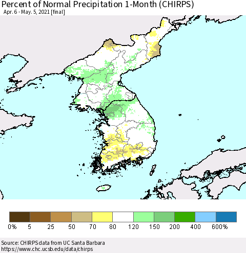 Korea Percent of Normal Precipitation 1-Month (CHIRPS) Thematic Map For 4/6/2021 - 5/5/2021