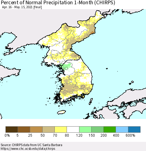 Korea Percent of Normal Precipitation 1-Month (CHIRPS) Thematic Map For 4/16/2021 - 5/15/2021