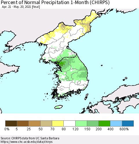 Korea Percent of Normal Precipitation 1-Month (CHIRPS) Thematic Map For 4/21/2021 - 5/20/2021